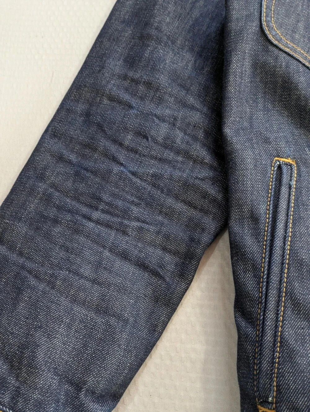Taylor Stitch Selvage Denim Jacket Mens 38 Indigo Long Haul Trucker Organic EUC